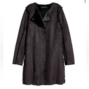 H&M Size 2 • Black Faux Suede Faux Fur Coat Jacket.